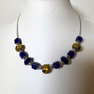 Handcrafted Silver Tone Blue Golden Yellow Beaded Necklace Glass Beads Jewelry